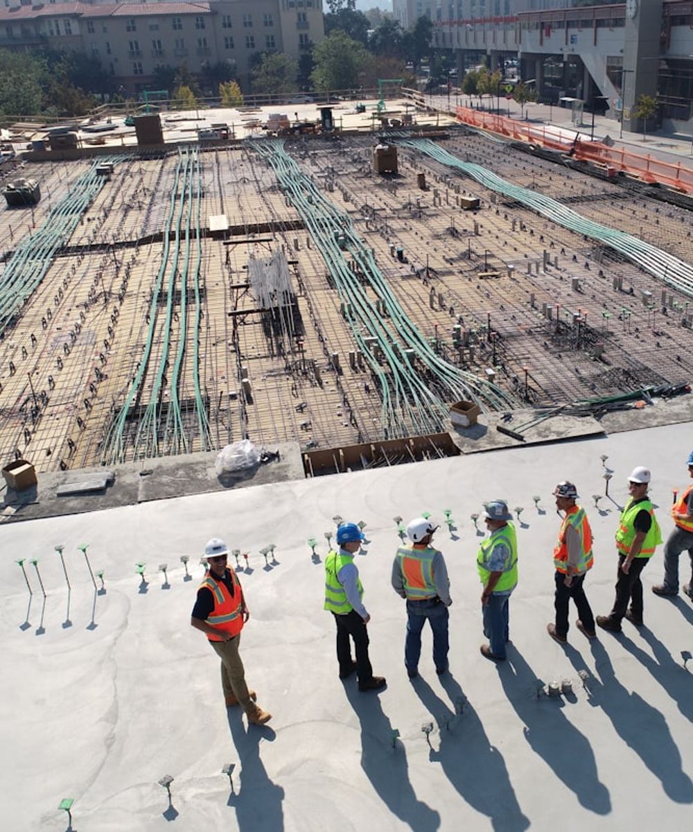 Construction team working on a building foundation