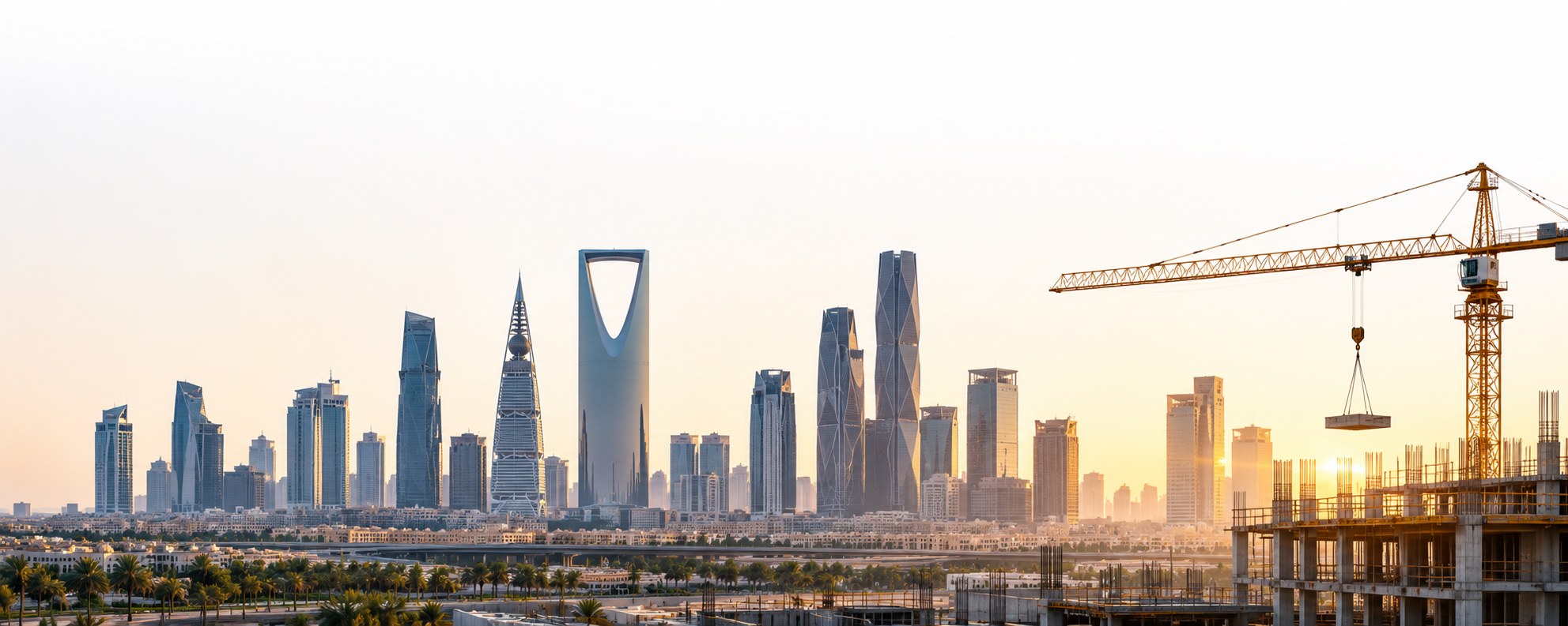 Riyadh skyline with the Kingdom Centre Tower and a construction crane